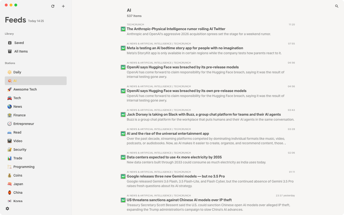 Article list with stations sidebar